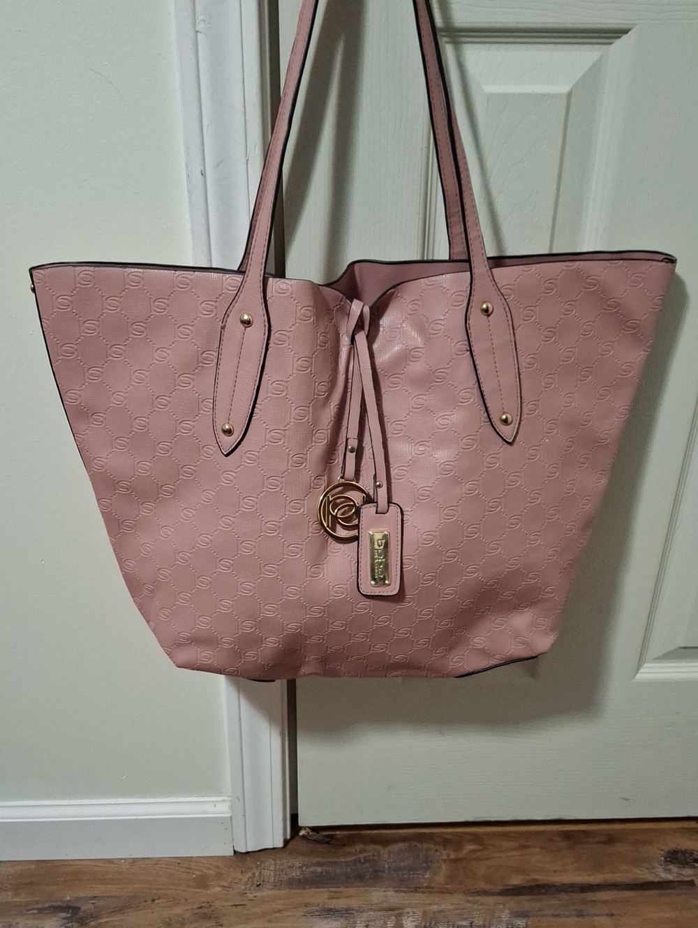 bebe Blush Pink Embossed Tote with Gold Charms